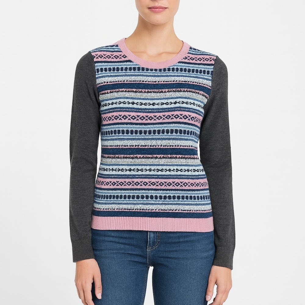 Talbots Womens Grey Pink Fair Isles Wool Blend Sweater Size LP Petite Mature